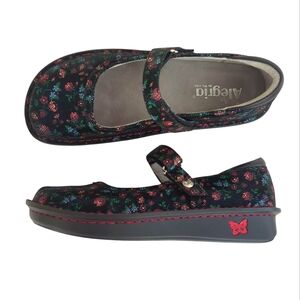 Alegria Belle Leather Floral Mary Jane Shoes EU 39 Black Multi Flowers